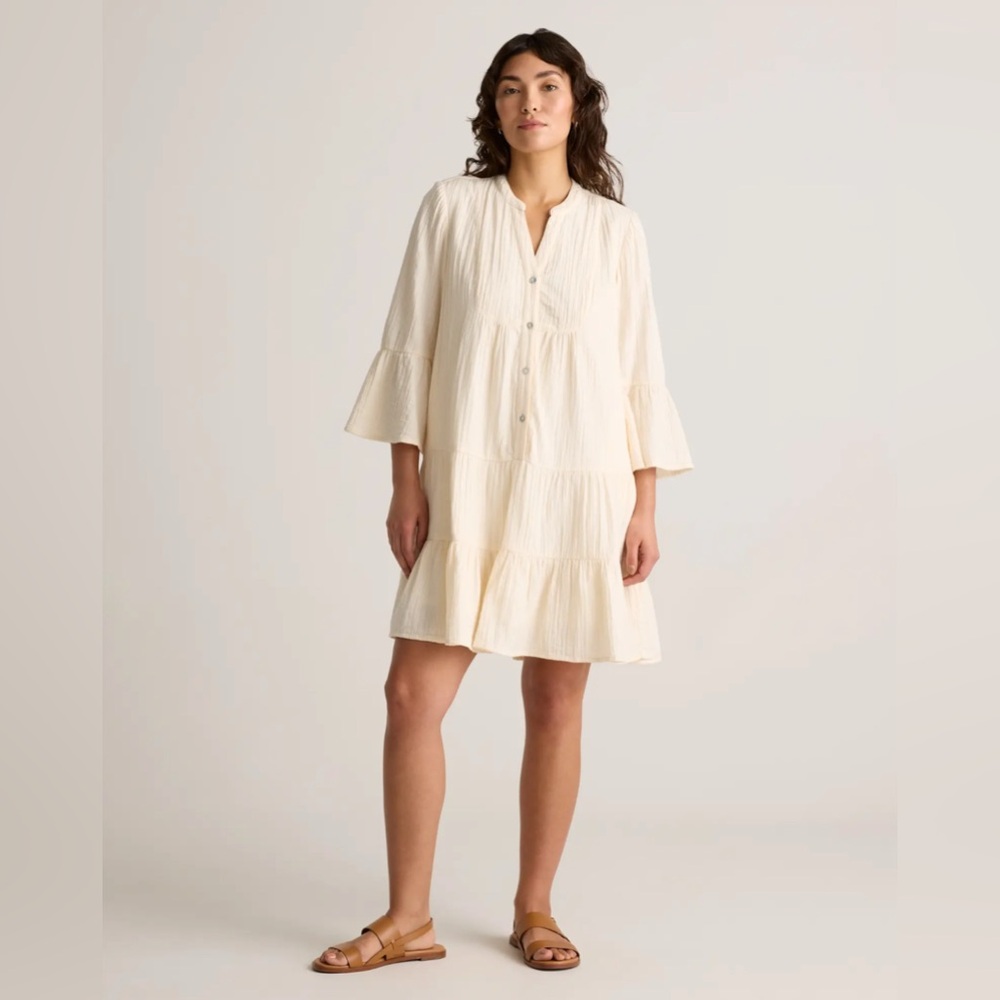 Quince 100% Organic Cotton Gauze Long Sleeve Tiered Mini Dress NWT